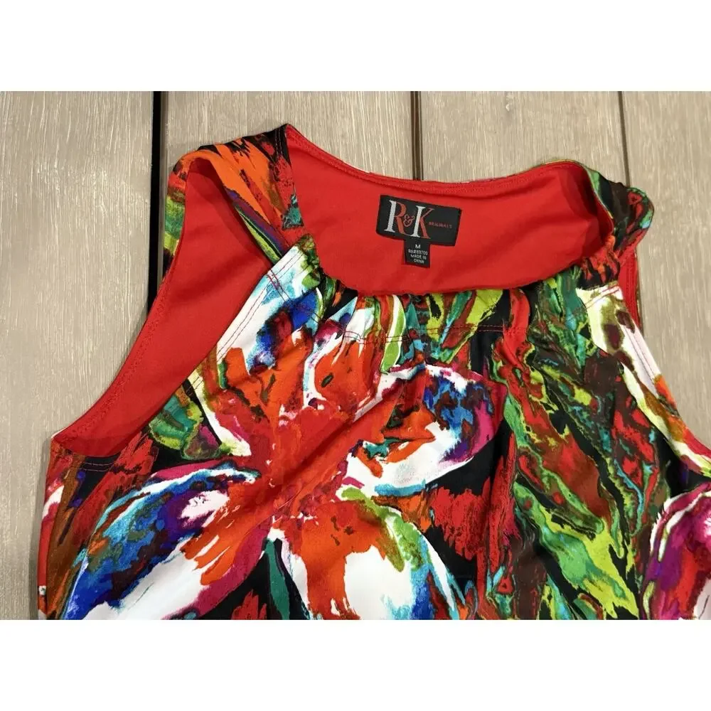 R&K Originals Women's Halter Mini Dress Medium Ruffle Hem Botanical Bold Print‎